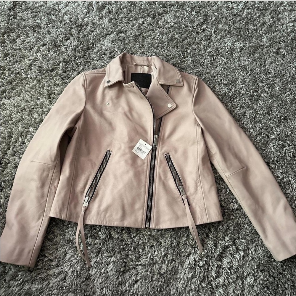 NEW Powder Pink All Saints DALBY Leather Moto Jacket, size 8